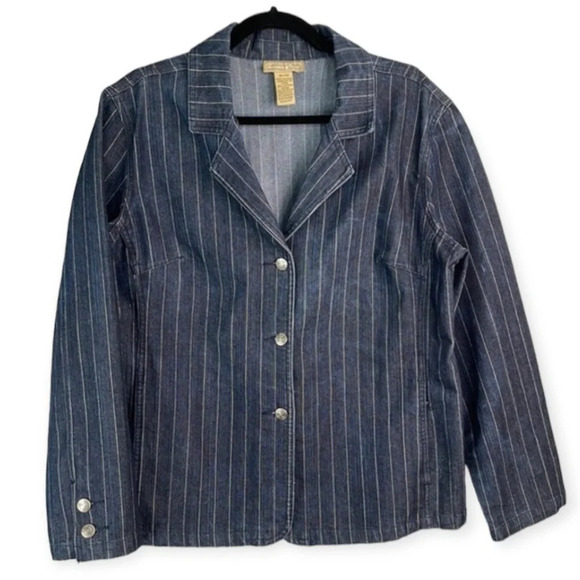 VINTAGE Cotton Ginny Pinstriped Denim Blazer Dark Wash Single Breasted Size XL - Picture 2 of 12
